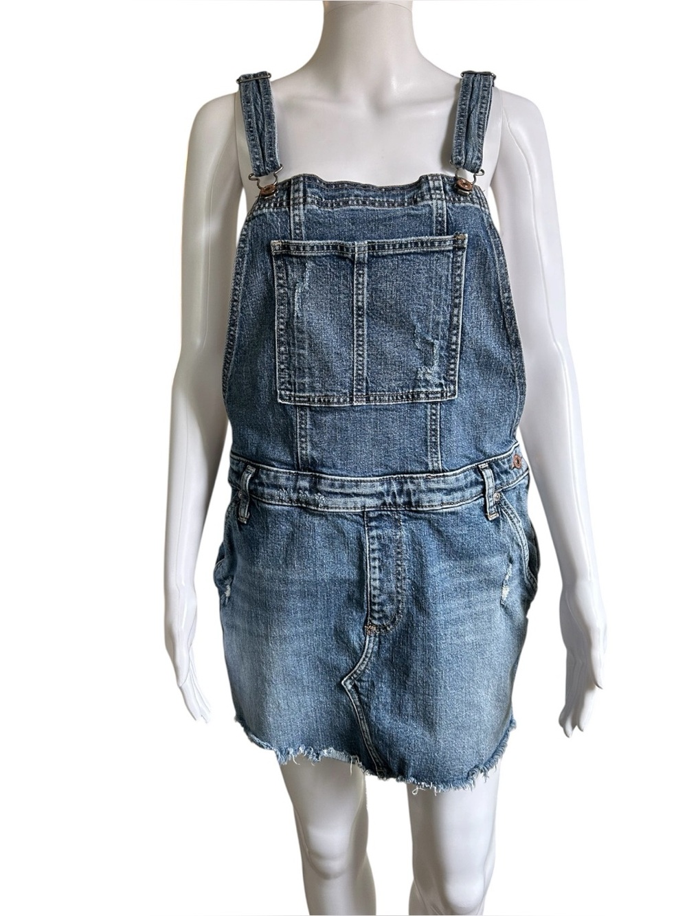 ▶️ Silver Jeans Skirtall Denim Overall Dress M Distressed Raw Hem Cross Back